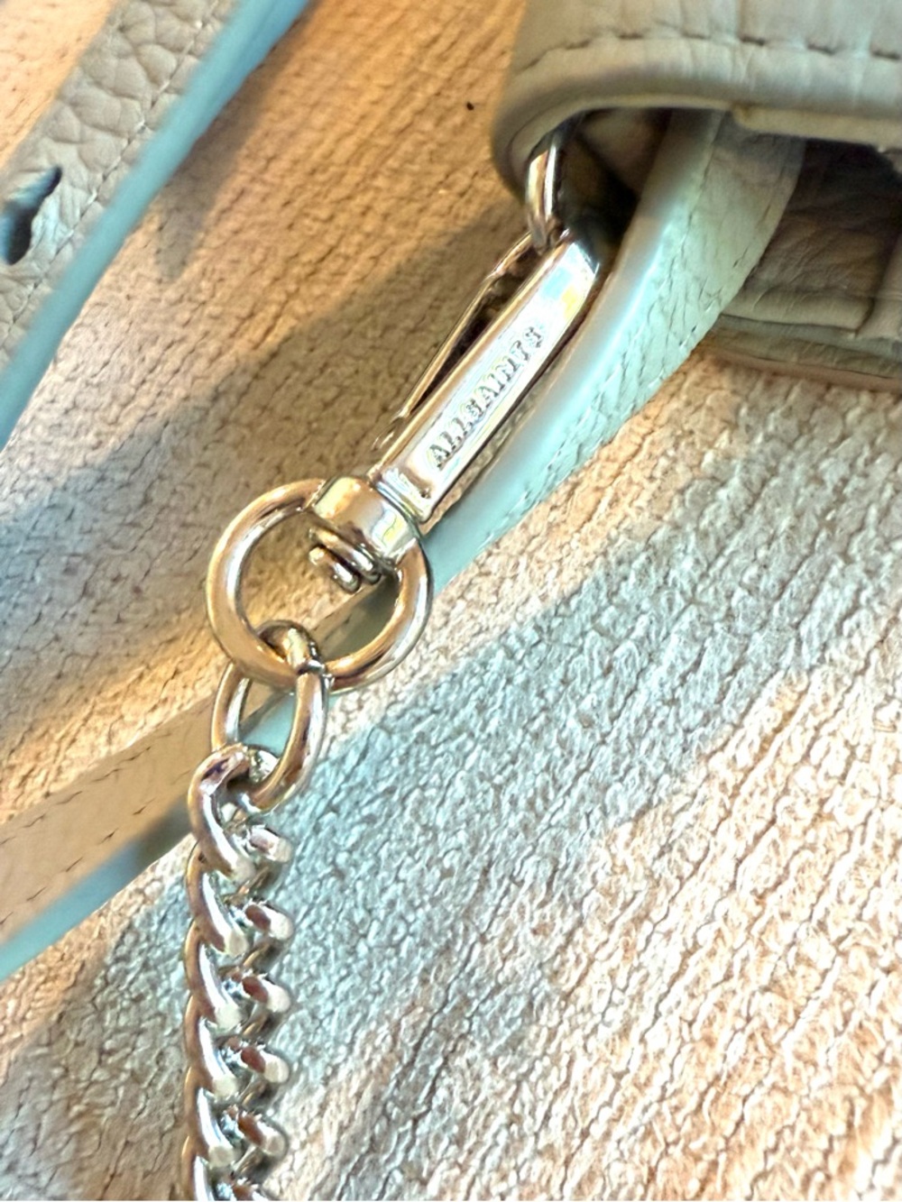 AllSaints Sage Green Pebbled Leather “Fetch” Crossbody Bag with Chain Strap - Picture 12 of 12